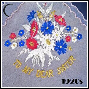 Vintage Silk Handkerchief, Embroidered Floral Hanky, 20s 1920s Sister Gift